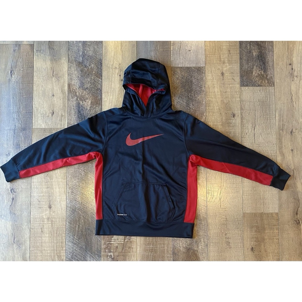 Nike Kids Therma Fit Black Red Pullover Hoodie Size XL Swoosh Hood Lining
